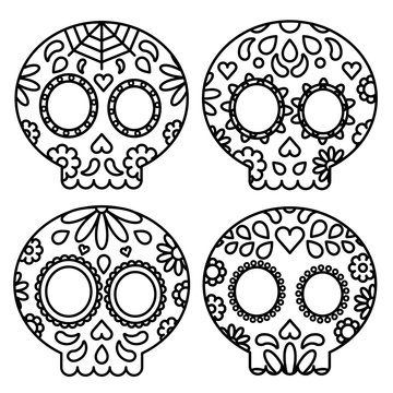 Day of the dead set of skulls black outline for coloring isolated