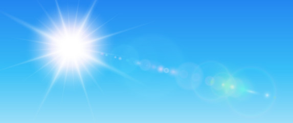 Sunny background, blue sun with lens flare