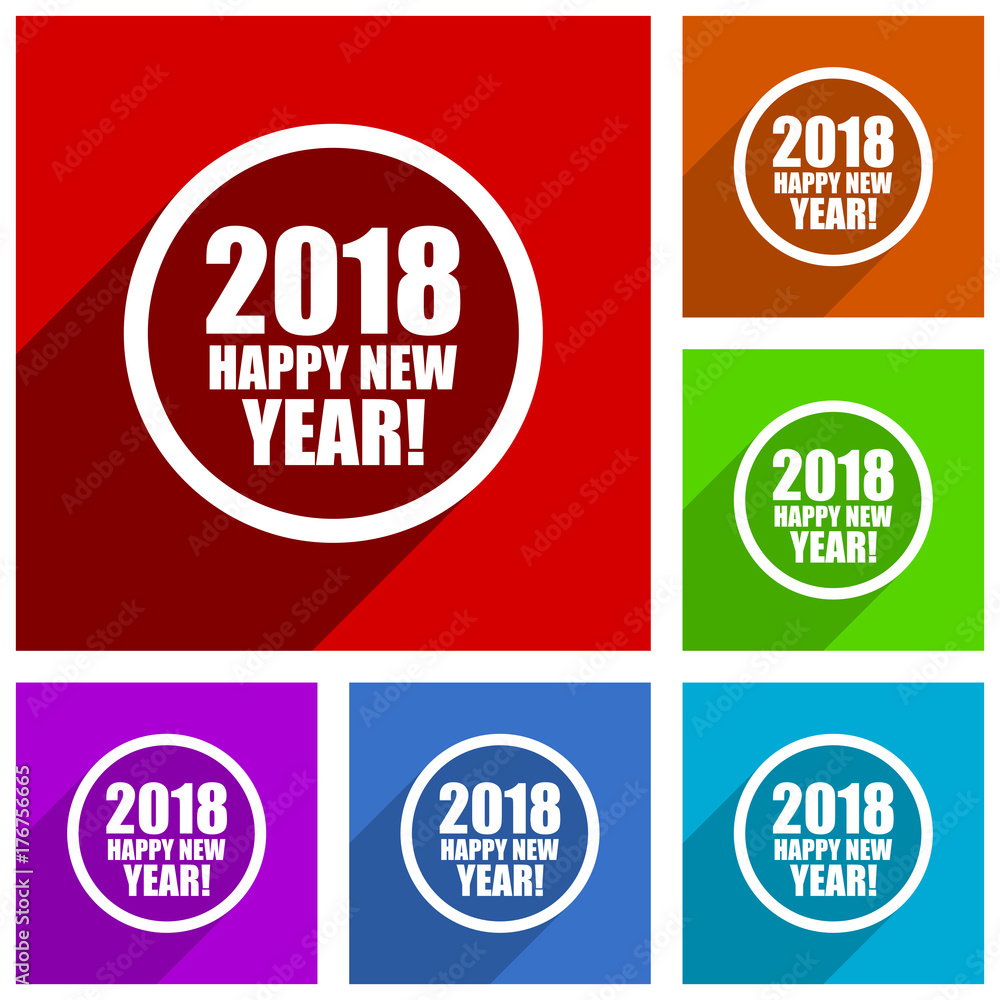 Poster Happy new year 2018 flat design vector icon set. Colorful buttons for web design and smartphone and mobile phone applications