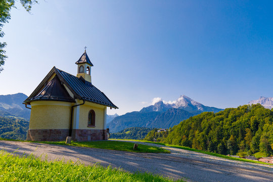 Chapel Kirchleitn at Berchtesgaden with Mt. Watzmann in Background on a sunny summer day