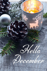 Hello December.Christmas decoration on old wooden background.Winter holidays concept.Soft selective focus. © svf74