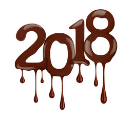 Date of the New Year 2018 year is shown in chocolate version, isolated on white background