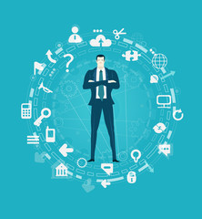 Successful businessmen surrounded by communication icons. Business network, development and support concept 