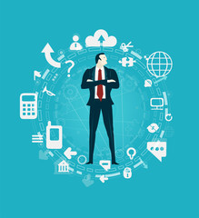 Successful businessmen surrounded by communication icons. Business network, development and support concept 