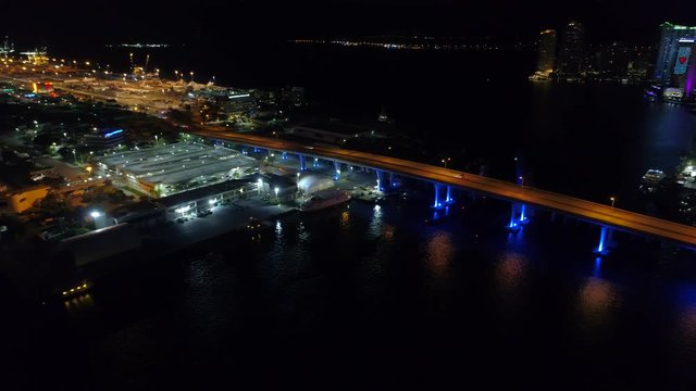 Aerial night panoramic video Downtown Miami and Port 4k
