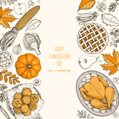 Thanksgiving day top view vector illustration. Food hand drawn sketch. Festive dinner with turkey and potato. Autumn food sketch. Engraved image.