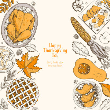 Thanksgiving day top view vector illustration. Food hand drawn sketch. Festive dinner with turkey and potato. Autumn food sketch. Engraved image.