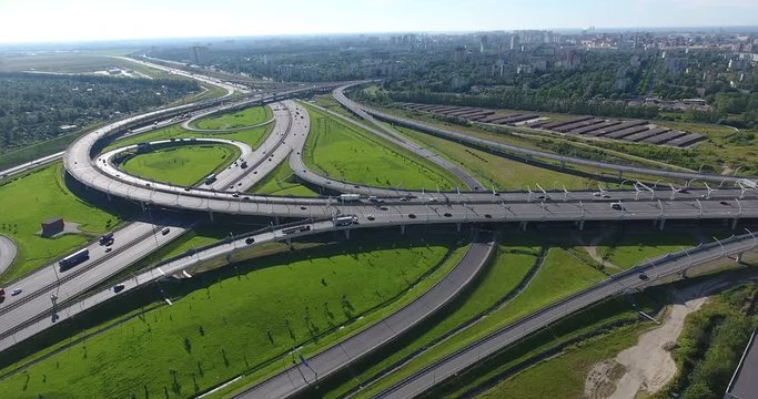 Aerial view at the interchanges of Western High Speed Diameter (WHSD) and city ringroad. St. Petersburg, Russia