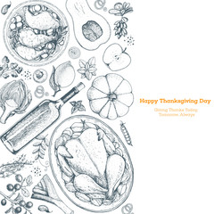 Thanksgiving day top view vector illustration. Food hand drawn sketch. Festive dinner with turkey and potato. Autumn food sketch. Engraved image.