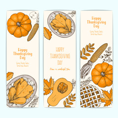 Thanksgiving vertical banner collection. Thanksgiving day top view vector illustration. Food hand drawn sketch. Autumn food sketch. Engraved image.