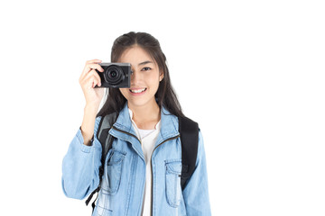 Beautiful Asian Woman holding Camera with attractive smiling, isolated on white background.