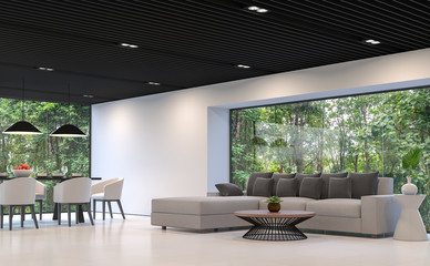 Modern black and white living room and dining room with forest view 3d rendering image.There are white floor and wall,black steel ceiling.There are large window overlooking to nature