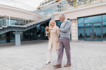 An elderly couple is walking. A woman has a dog in her arms. The man is near