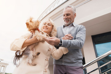 An elderly couple is walking. A woman has a dog in her arms. The man is near