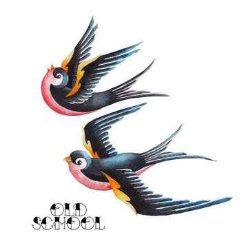 Two watercolor flying swallows