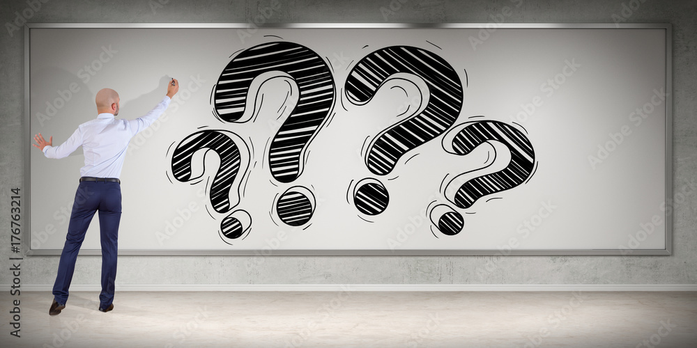 Poster Businessman drawing a question mark sketch on a board 3D rendering