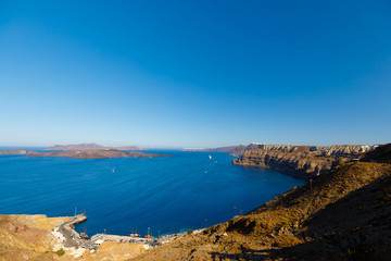 Bay with harbour at Santorini and cruise ships, panorama