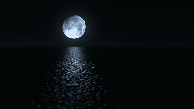 Seamless loop moonlight path with low fool moon above the sea