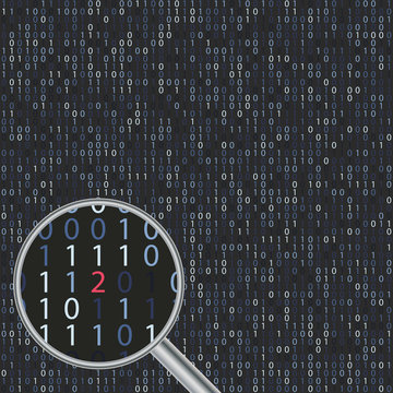 Vector software bug on screen with binary code.
