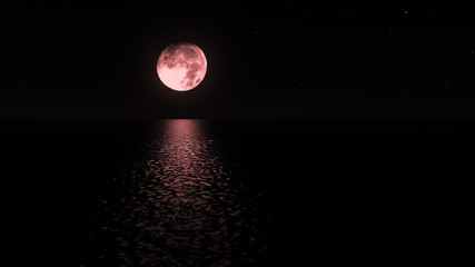 Fototapeta premium Blood red moon light over the sea at night realistic 3d illustration