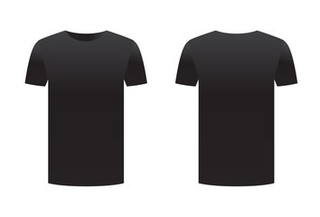 Black t-shirt template shirt isolated on white background front and back design short sleeve. Sport print ready clothing vector. Men, women or unisex design. Advertisement dress.
