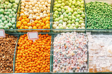 many colored and bright sweets and lukum for sale at turkish market