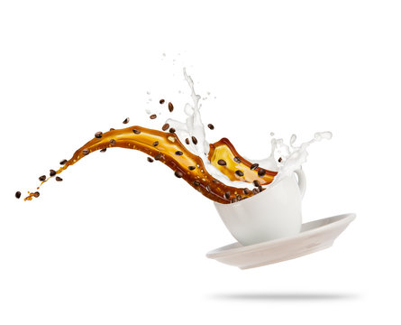 Fototapeta Splashing coffee drink with milk, isolated on white background