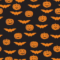 Happy Halloween seamless pattern. Holiday ornamental background with bat, pumpkin