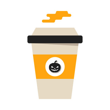 Illustration Of A Pumpkin Spice Hot Drink Paper Cup For Takeaway Drinks Isolated On White Background. Vector Illustration Of A Halloween Drink With Scary Pumpkin Icon And Steam.