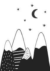 Cute hand drawn nursery poster with handdrawn mountains stars and moon in scandinavian style. - 176768802