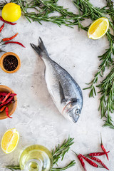 Mideterranean cuisine. Dorado with spices rosemary, pepper, chili, lemon. Grey background top view