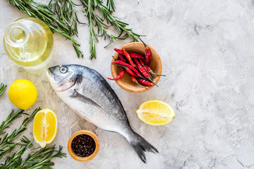 Preparing dorado with spices rosemary, pepper, chili, lemon. Grey background top view copyspace