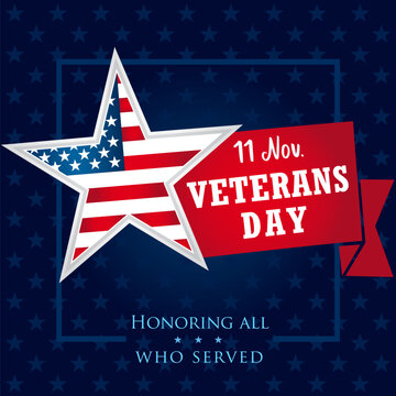 Veterans day USA banner, Honoring all who served. Veterans day greeting card with star and typographic design in american style. Vector illustration
