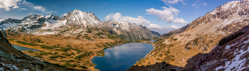 Tatra mountains, panorama of valley with lakes, fall sunny day