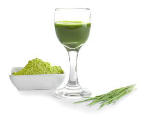 Shot of wheat grass drink on white background