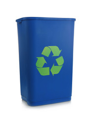 Blue rubbish bin with logo of recycling on white background