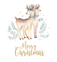 Christmas watercolor deer. Cute kids xmas forest animal illustration, new year card or poster. Hand drawn isolated baby animals.