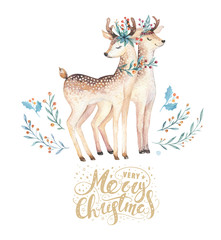 Christmas watercolor deer. Cute kids xmas forest animal illustration, new year card or poster. Hand drawn isolated baby animals.