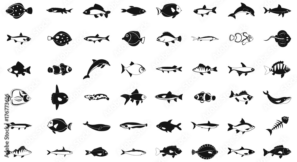 Wall mural fish icon set, simple style