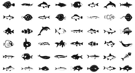 Fish icon set, simple style