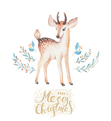 Christmas watercolor deer. Cute kids xmas forest animal illustration, new year card or poster. Hand drawn isolated baby animals.