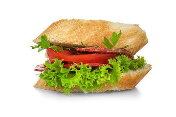 Delicious sausage sandwich on white background