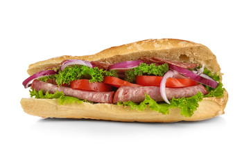 Delicious sausage sandwich on white background