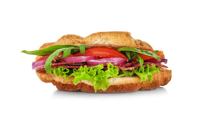 Delicious sausage sandwich on white background