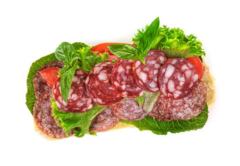 Delicious sausage sandwich on white background