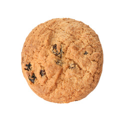 Delicious oatmeal cookie with raisins on white background