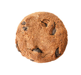 Delicious oatmeal cookie with chocolate chips on white background