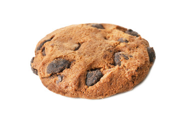 Delicious oatmeal cookie with chocolate chips on white background