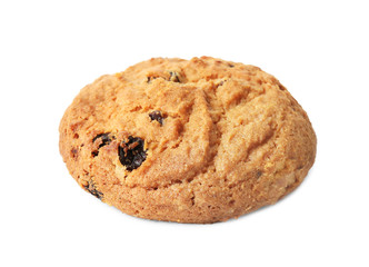 Delicious oatmeal cookie with raisins on white background