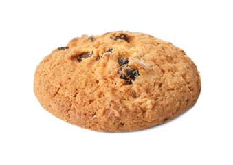 Delicious oatmeal cookie with raisins on white background